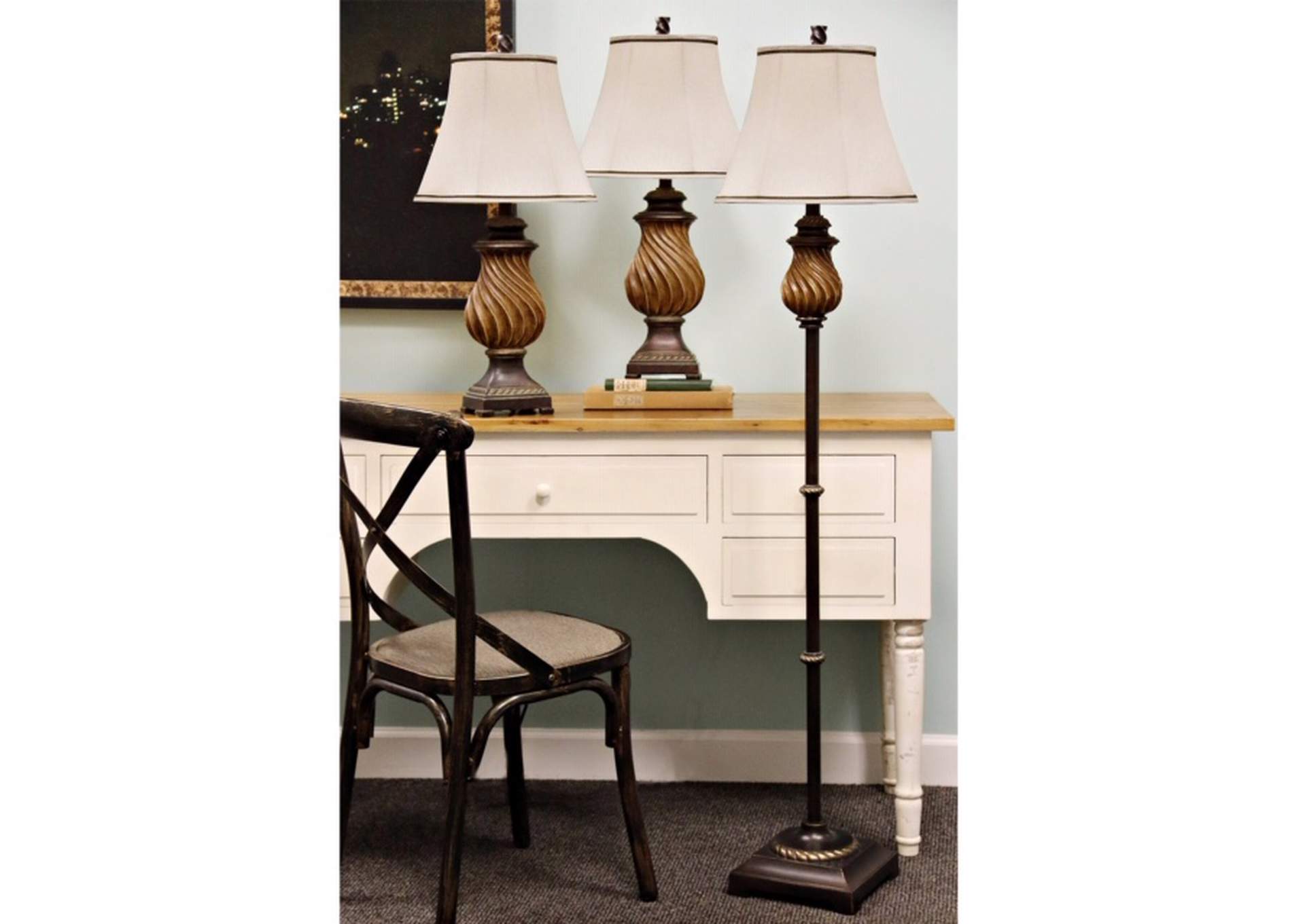 Toffee Wood Multi Pack Set (Include 2 Table Lamps And 1 Floor Lamp)(Box L81009),Global Trading