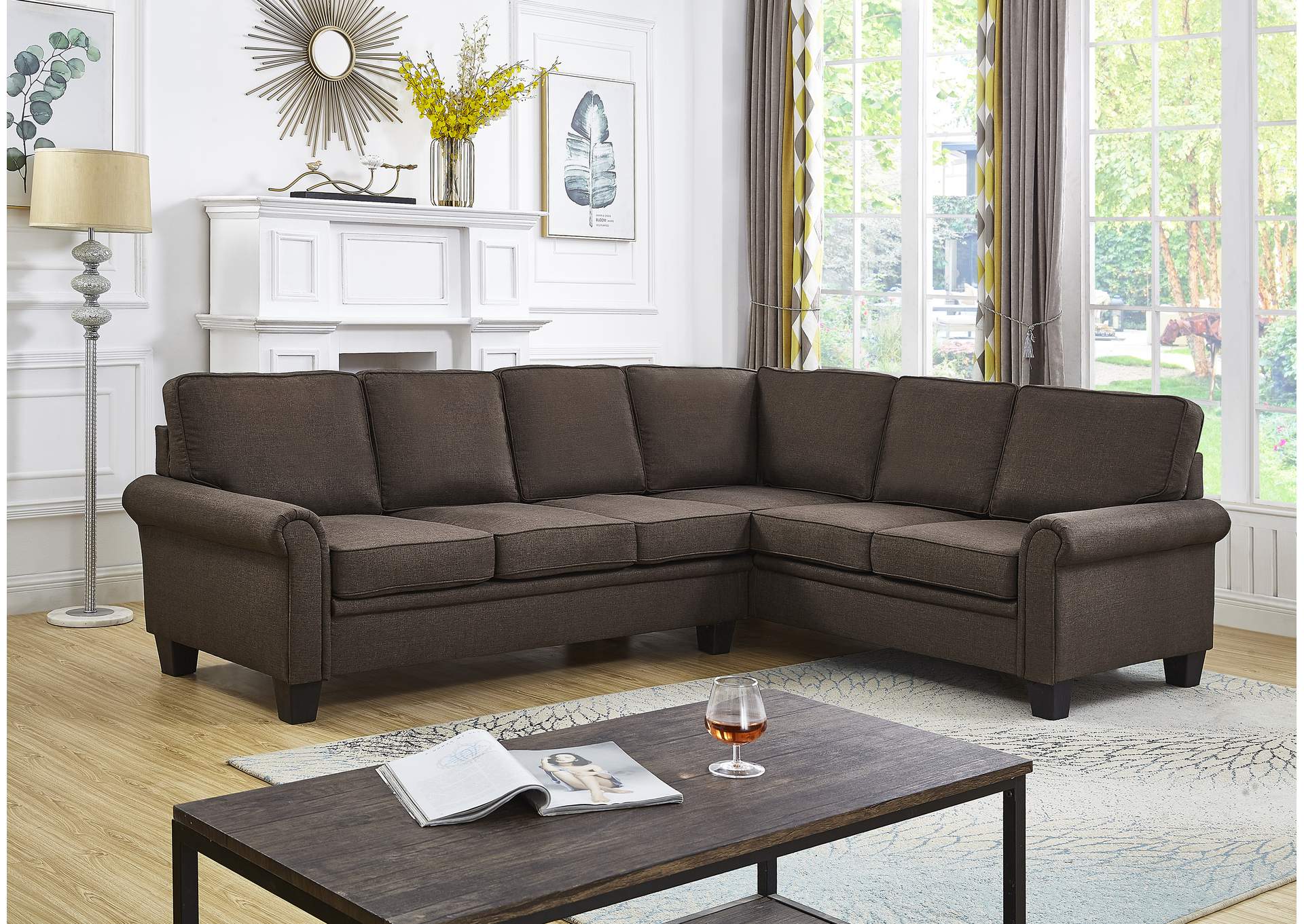 U5036 Brown Linen Sectional Chaise,Global Trading