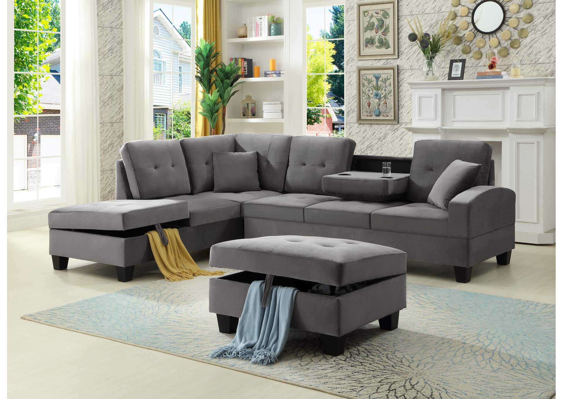 U5556 Grey Velvet Sectional With Ottoman,Global Trading