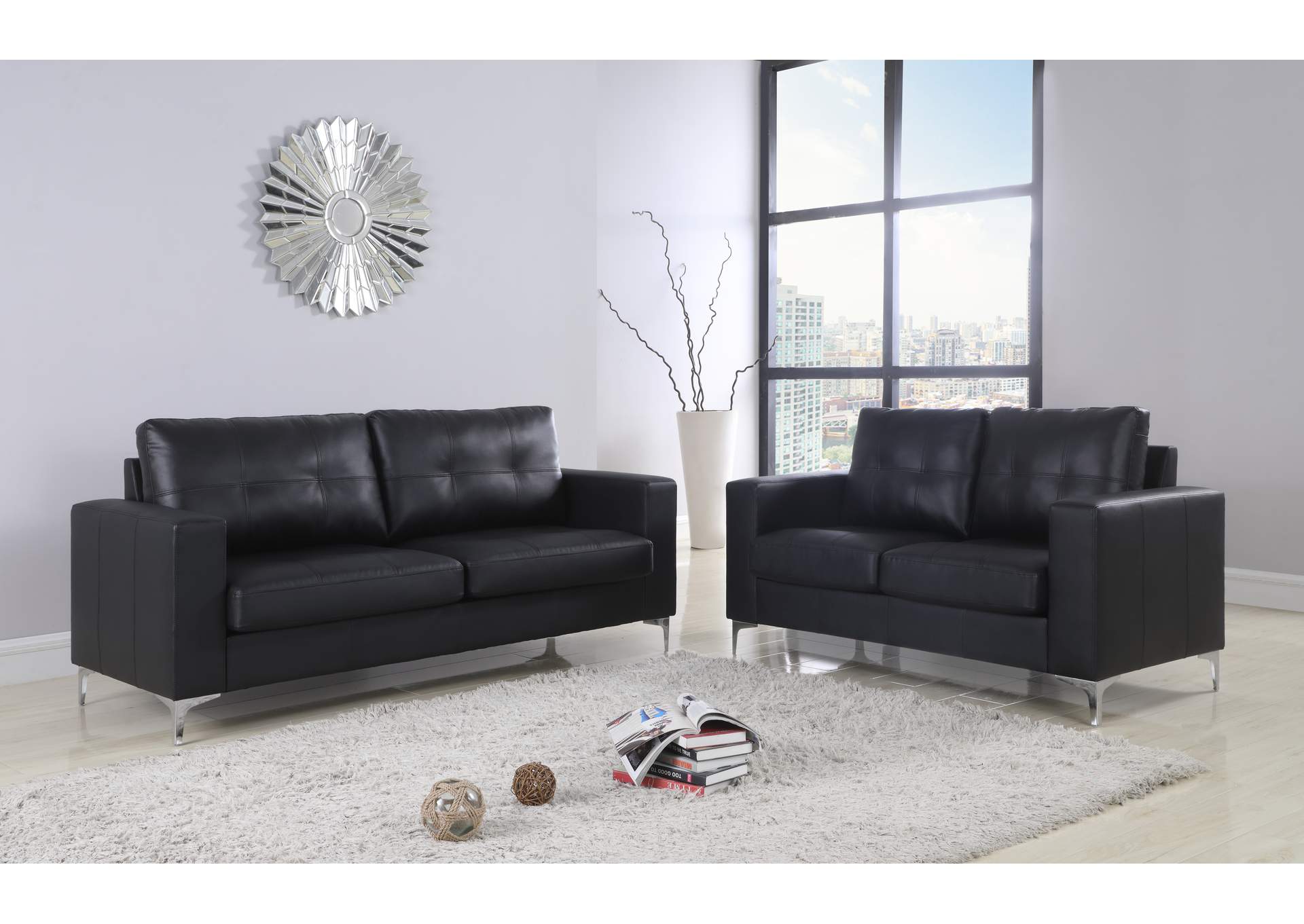 Black Contemporary Leather Loveseat With Chrome Leg,Global Trading