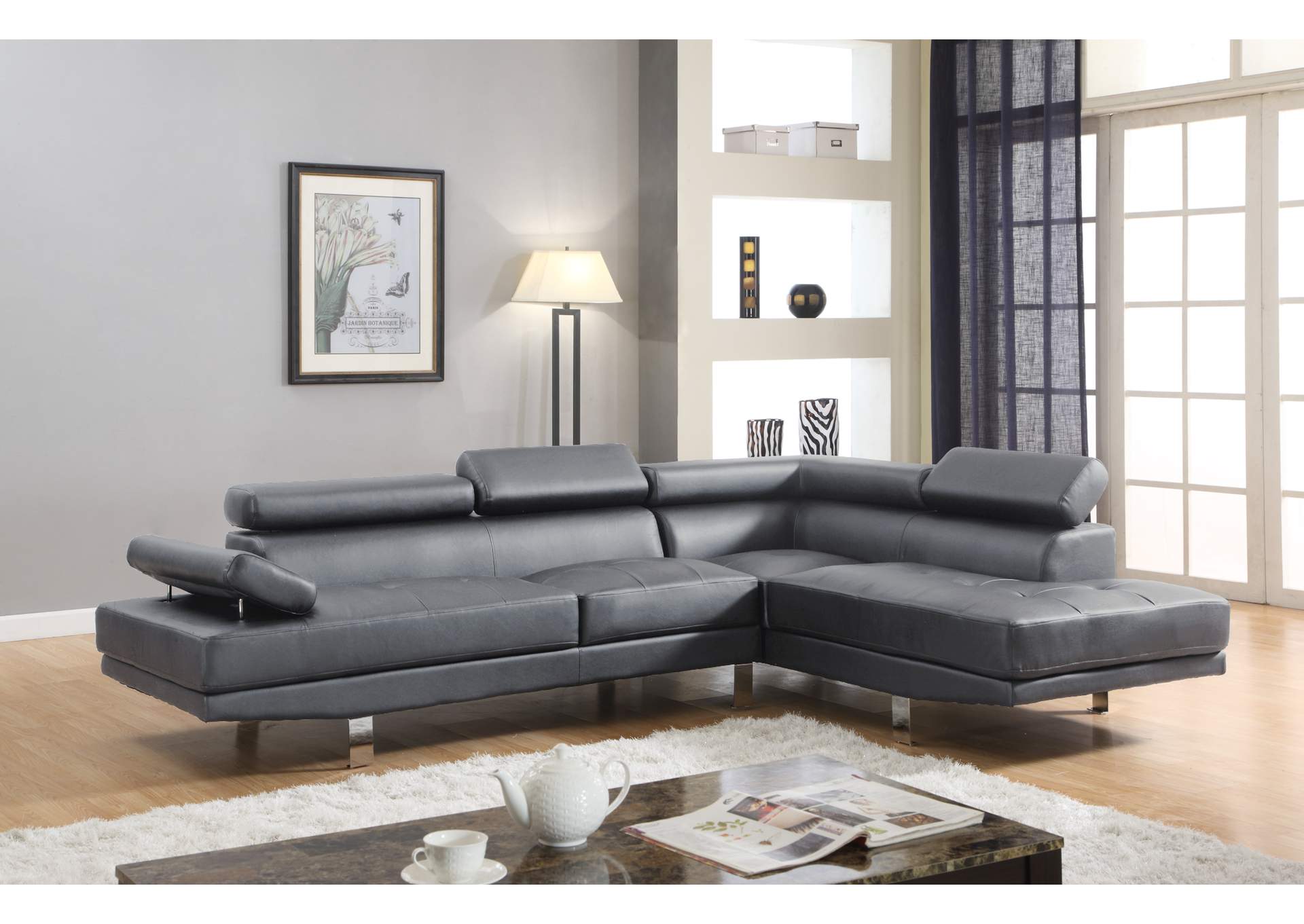 U7102 Grey Faux Leather Sectional Sofa,Global Trading