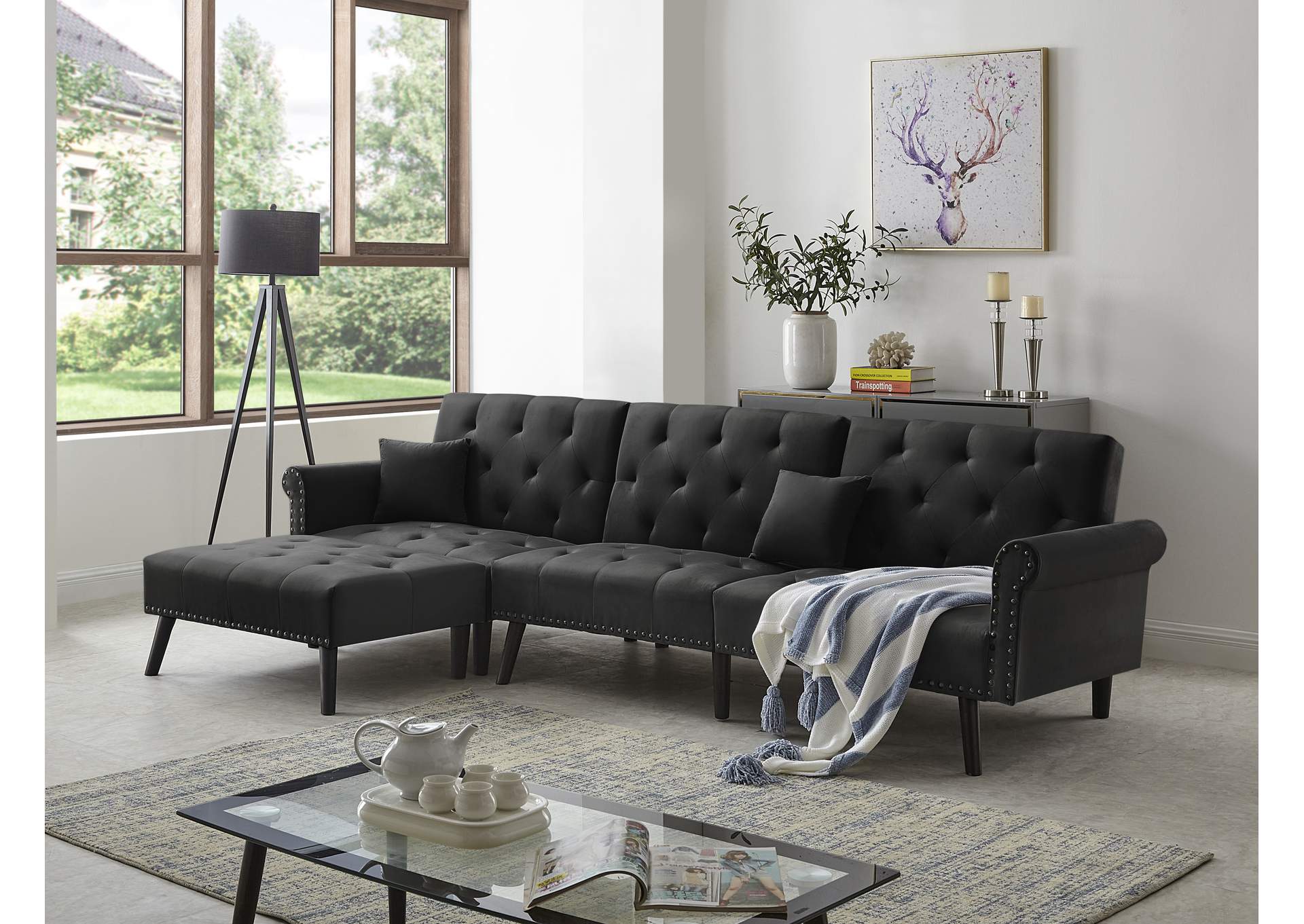 U7400 Black Faux Leather Sectional,Global Trading