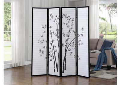 Image for White & Black 4 Panel Screen W/ Bamboo Artwork