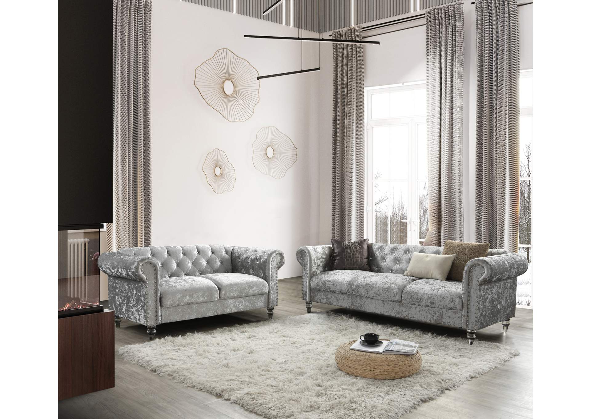 Grey Velvet Tufted KD Loveseat,Global Furniture USA