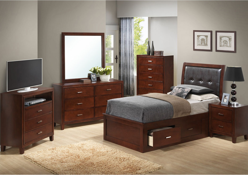 Cherry Twin Storage Bed, Dresser & Mirror,Glory Furniture