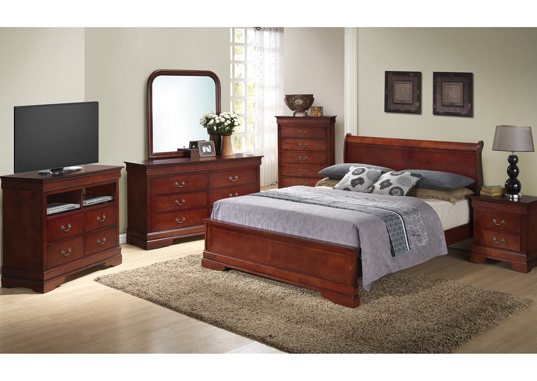 Cherry King Low Profile Bed, Dresser & Mirror,Glory Furniture