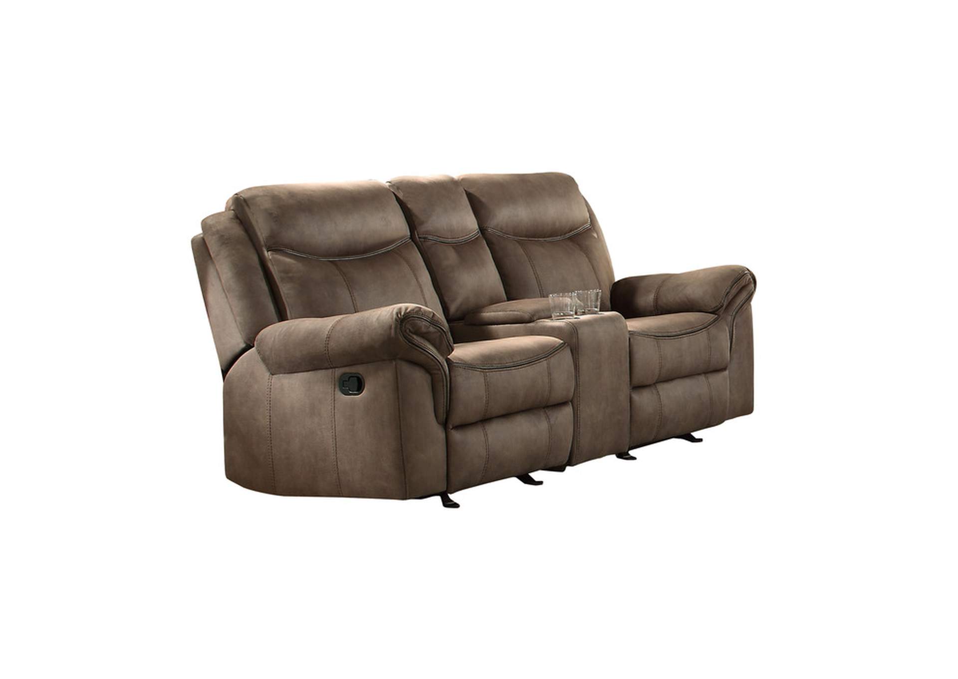 Aram Double Glider Reclining Love Seat with Center Console, Receptacles and USB Ports,Homelegance