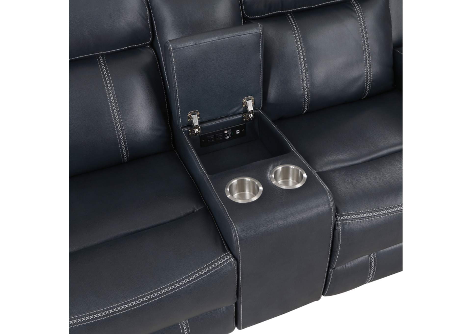 Littleton Double Reclining Love Seat with Center Console, Receptacles and USB Ports,Homelegance