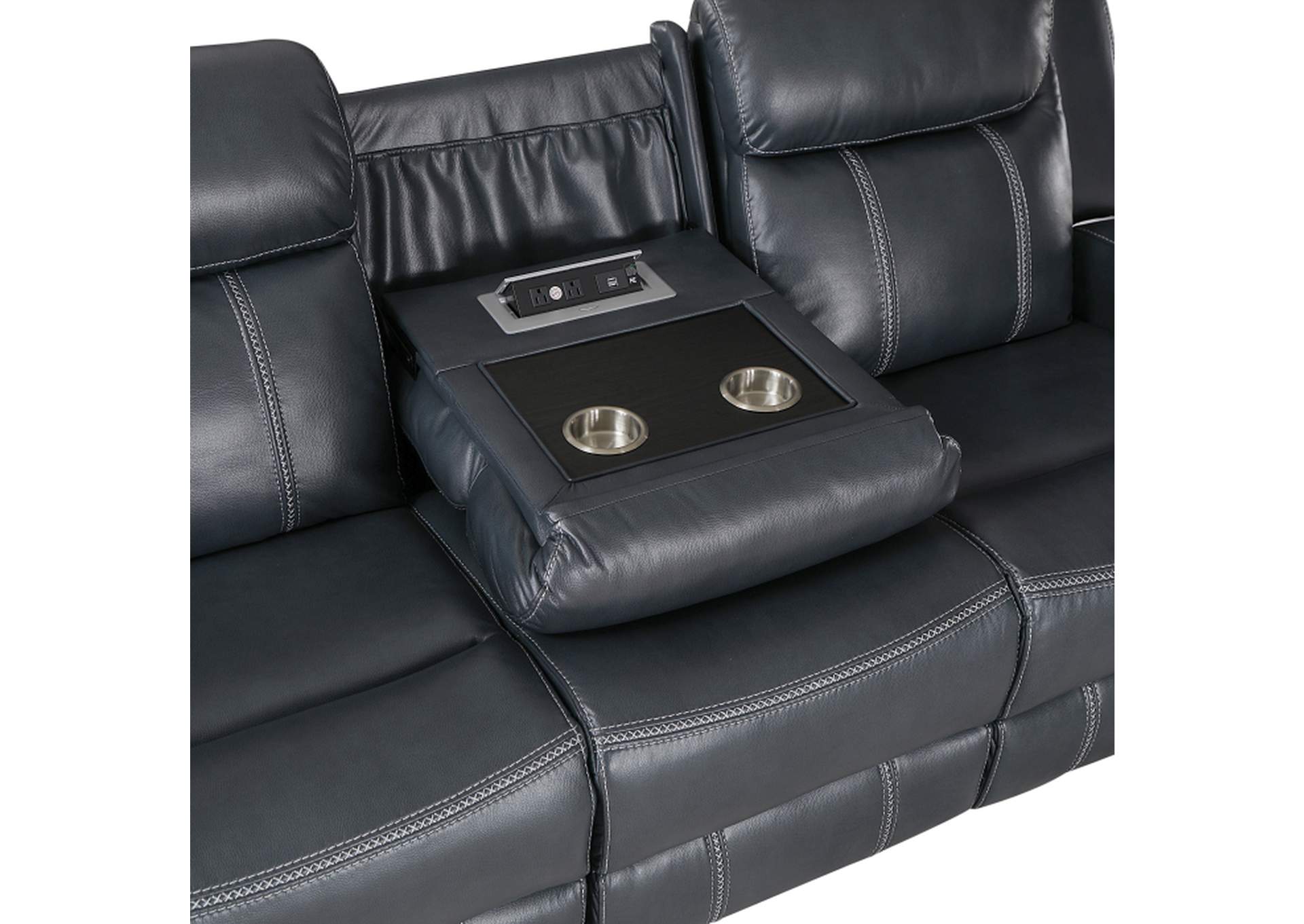 Littleton Double Reclining Sofa with Center Drop-Down Cup Holders, Magazine bag, Receptacles and USB Ports,Homelegance