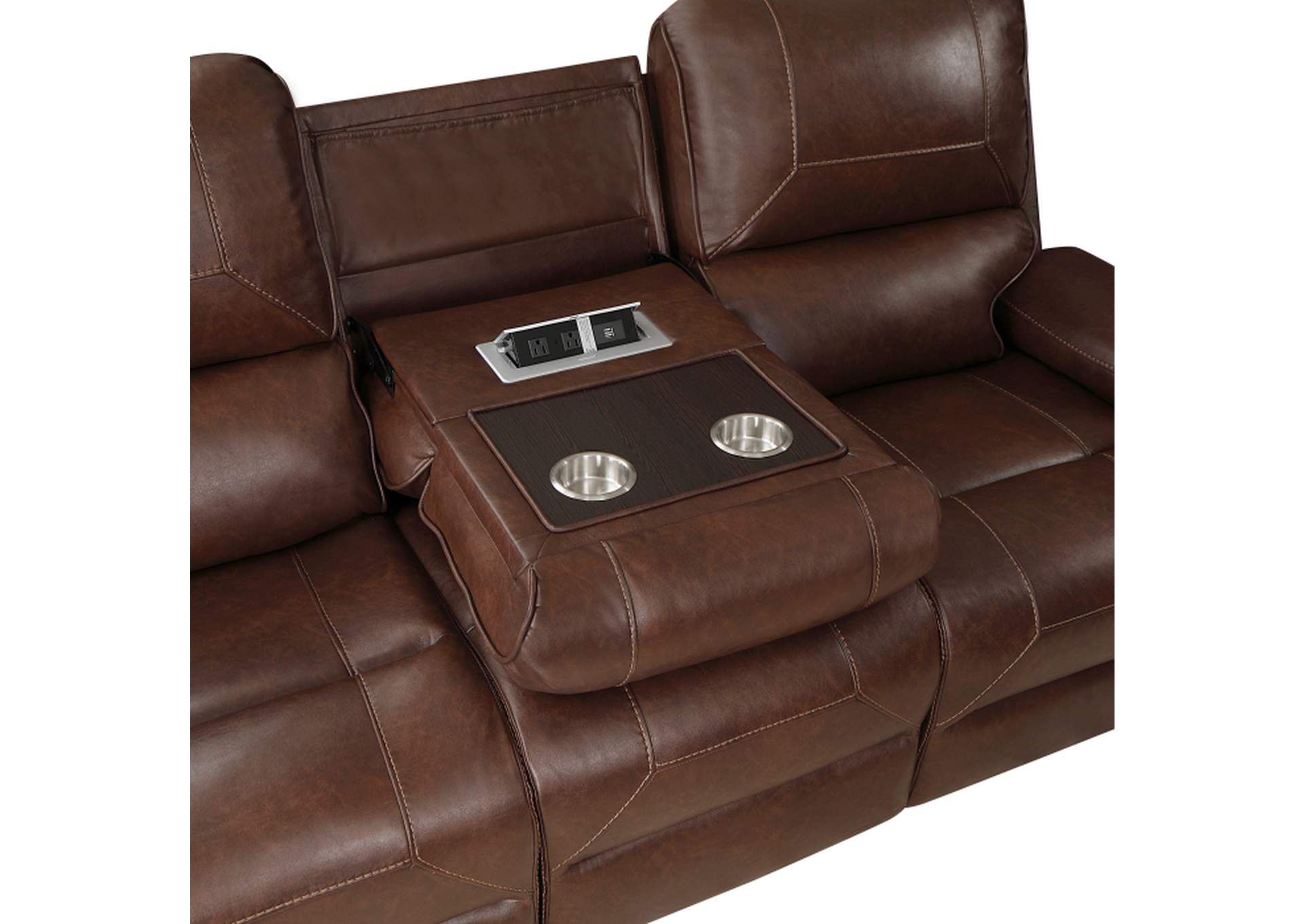 Newnan Double Reclining Sofa with Center Drop-Down Cup Holders, Receptacles and USB Ports,Homelegance