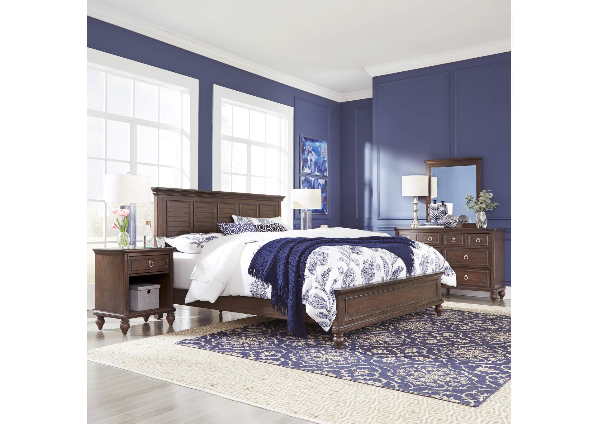 Marie Brown King Bed, Nightstand and Dresser with Mirror,Homestyles