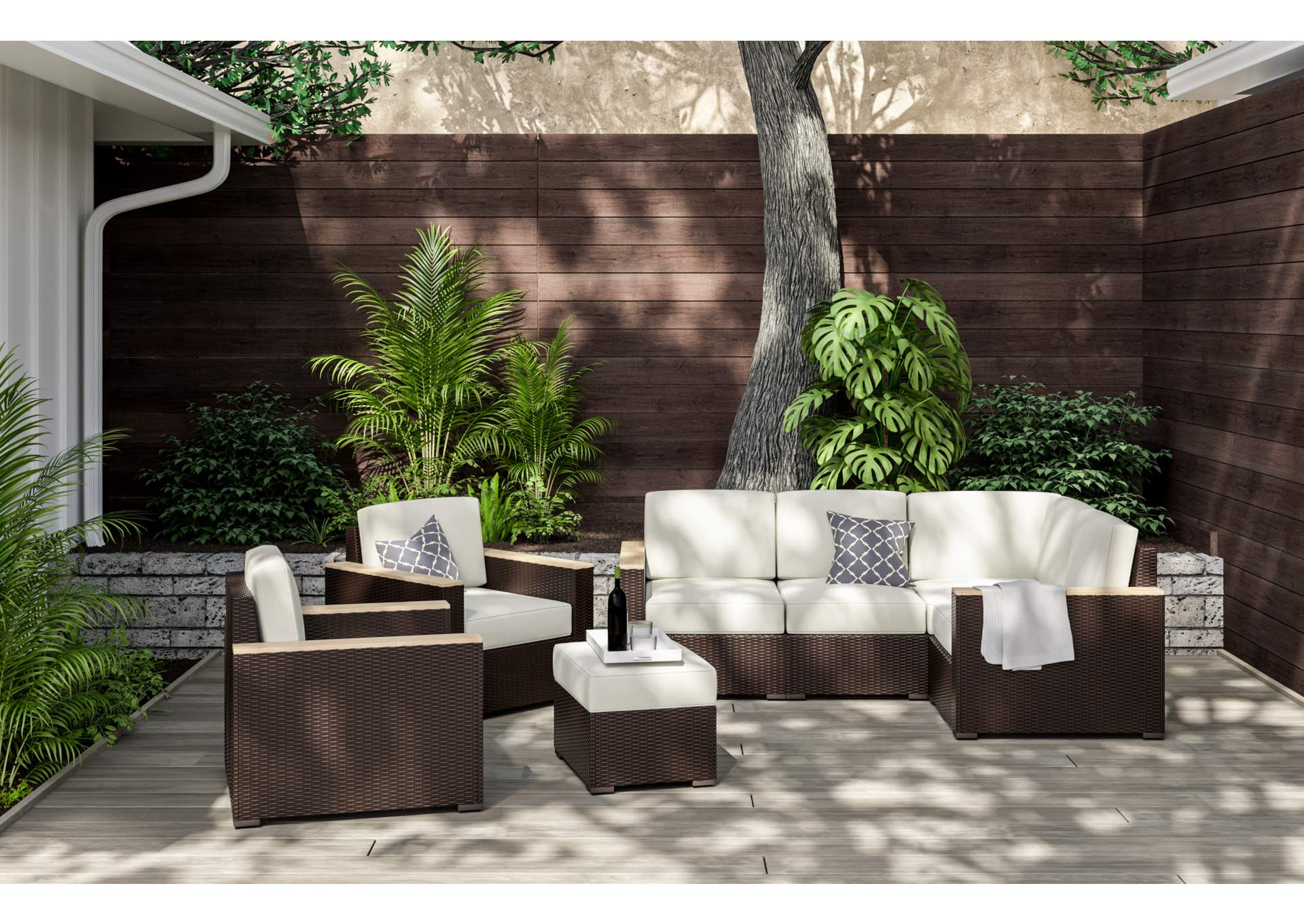 Palm Springs Brown Outdoor 4 Seat Sectional, Arm Chair Pair and Ottoman,Homestyles