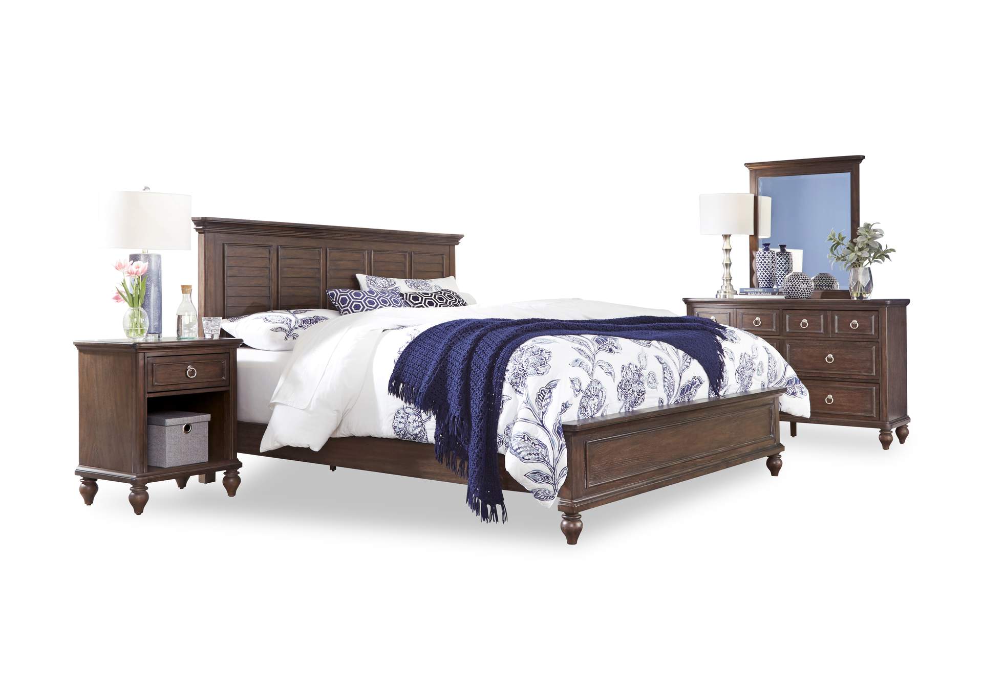 Marie Brown King Bed, Nightstand and Dresser with Mirror,Homestyles