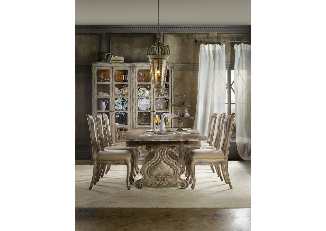 Chatelet Rectangle Trestle Dining Table w/2-22" Leaves and 6 Side Chairs,Hooker Furniture