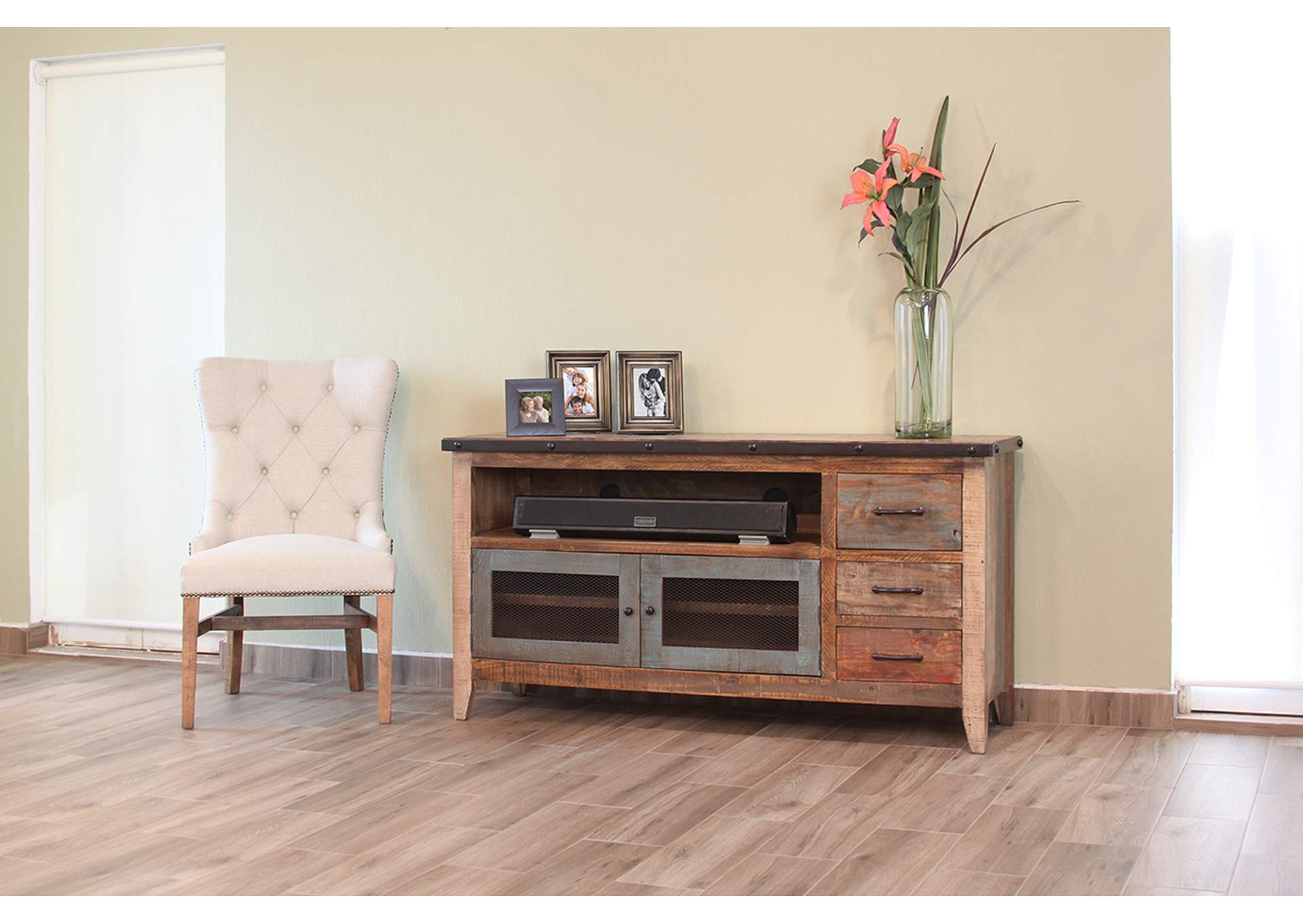 Antique Multicolor 62"TV Stand w/3 drawers &2 iron mesh doors,International Furniture Direct