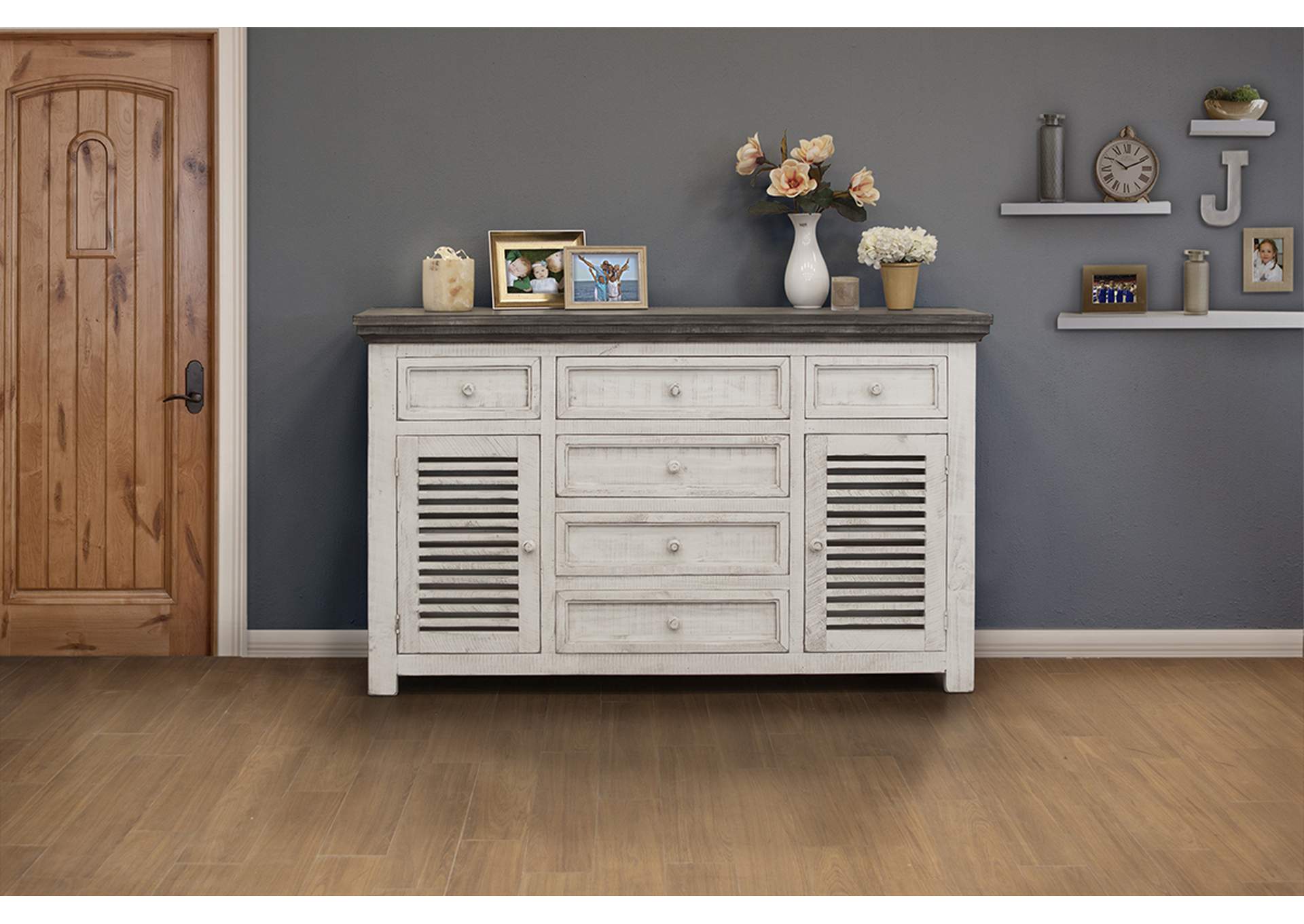 Stone 6 Drawer & 2 Doors Console Ivory & Stone Finish,International Furniture Direct