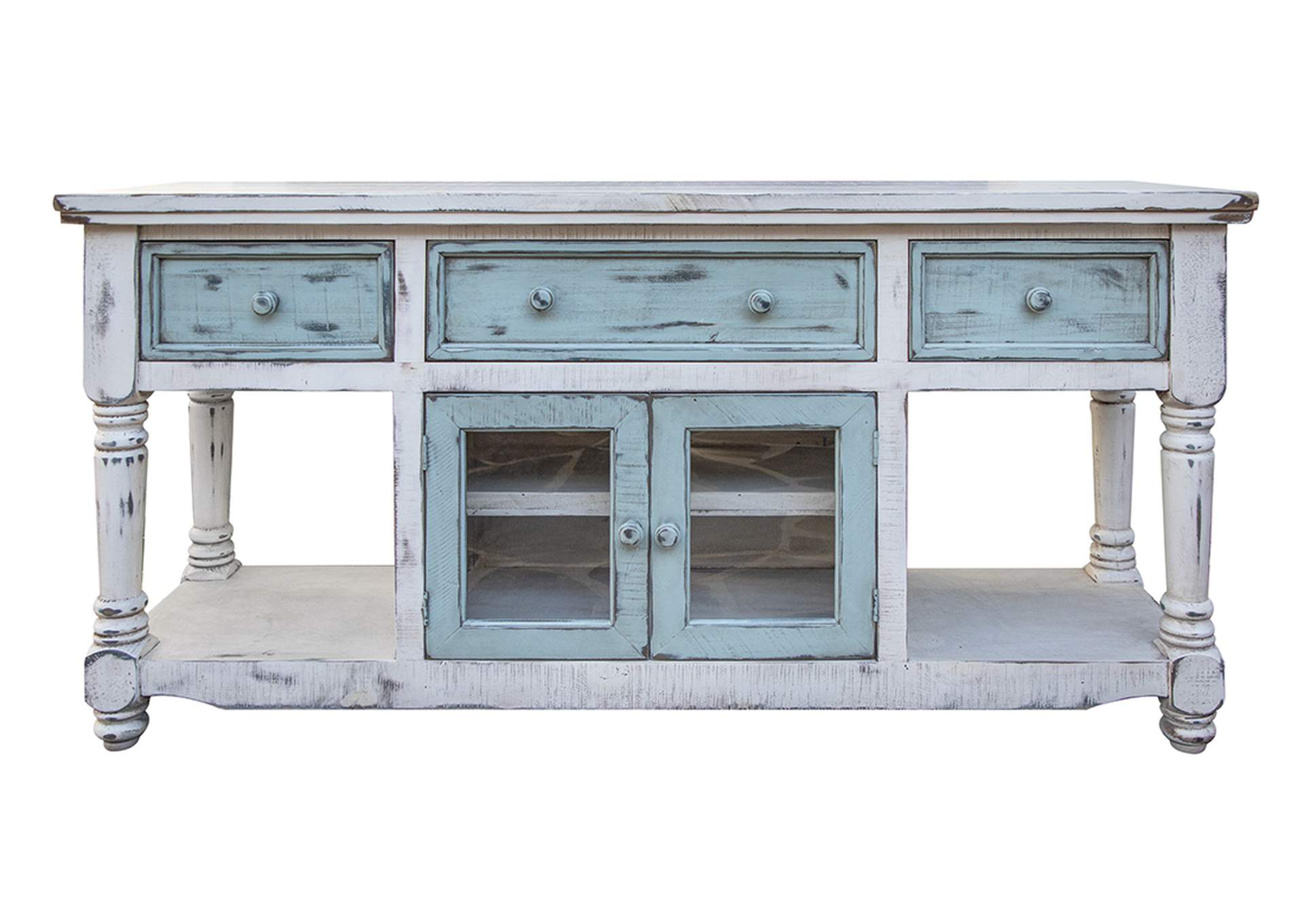 Aruba 70" TV Stand in White Finish, w/3 sky blue drawers & 2 sky blue doors,International Furniture Direct