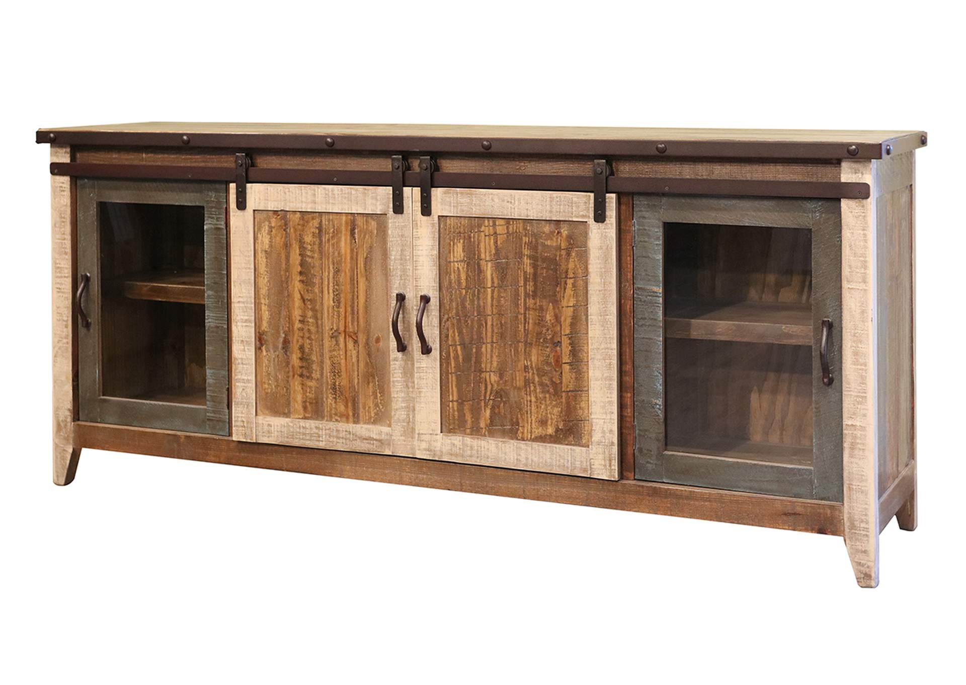 Antique Multicolor 80" TV Stand w/2 Glass doors w/1 middle shelf, 2 Sliding doors, w/2 shelves,International Furniture Direct