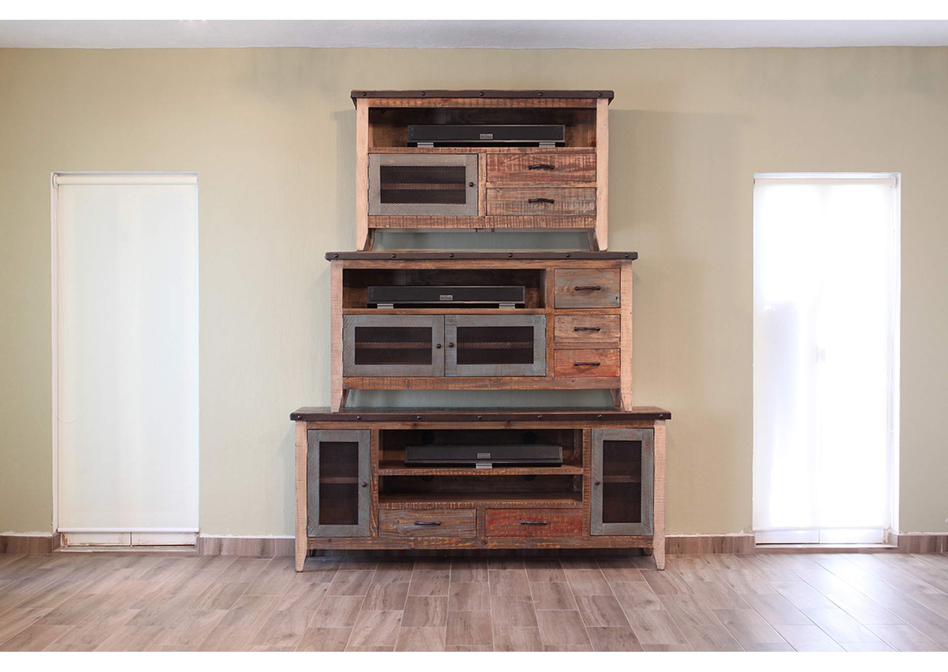 Antique Multicolor 76"TV Stand w/2 drawers & 2 iron mesh doors,International Furniture Direct