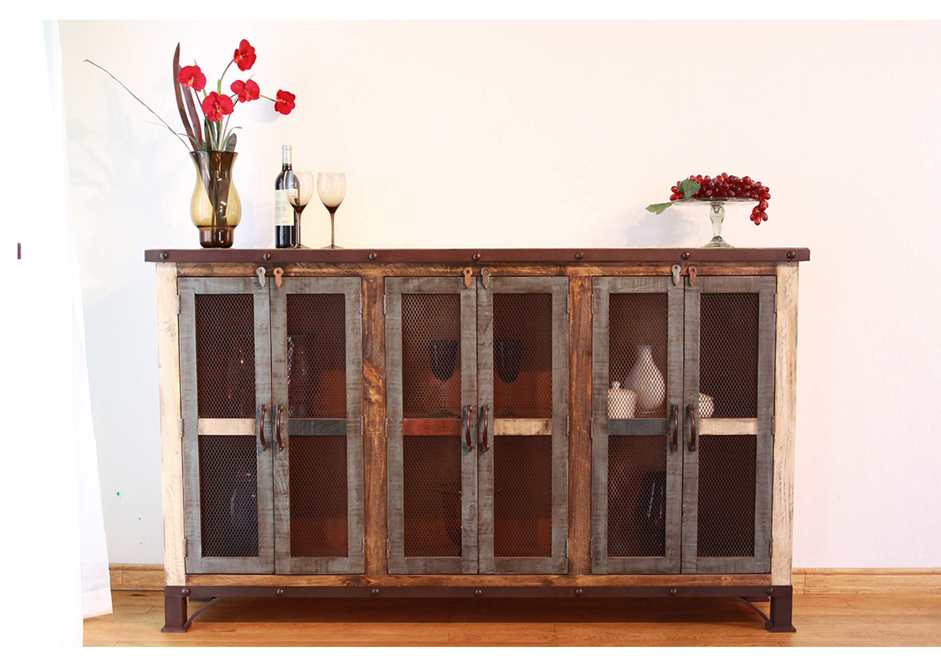 Antique Multicolor 71" Console w/6 Iron Mesh Door Panels & Middle Shelves,International Furniture Direct