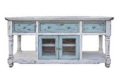 Image for Aruba 70" TV Stand in White Finish, w/3 sky blue drawers & 2 sky blue doors