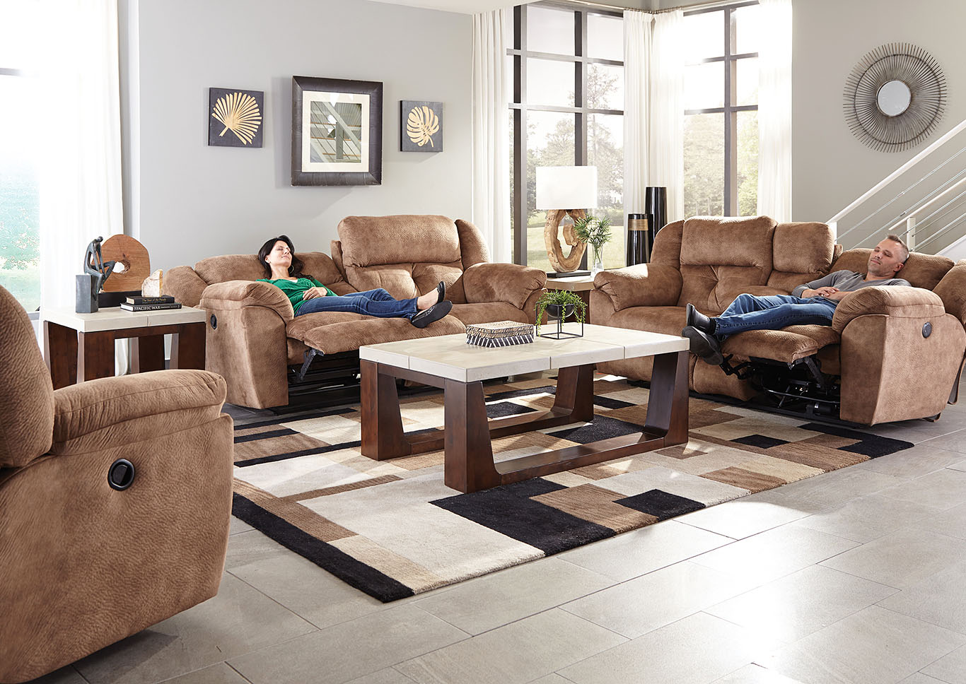 Carrington Silt Lay Flat Reclining Sofa and Loveseat w/Console,Storage,Cupholder,Jackson Catnapper