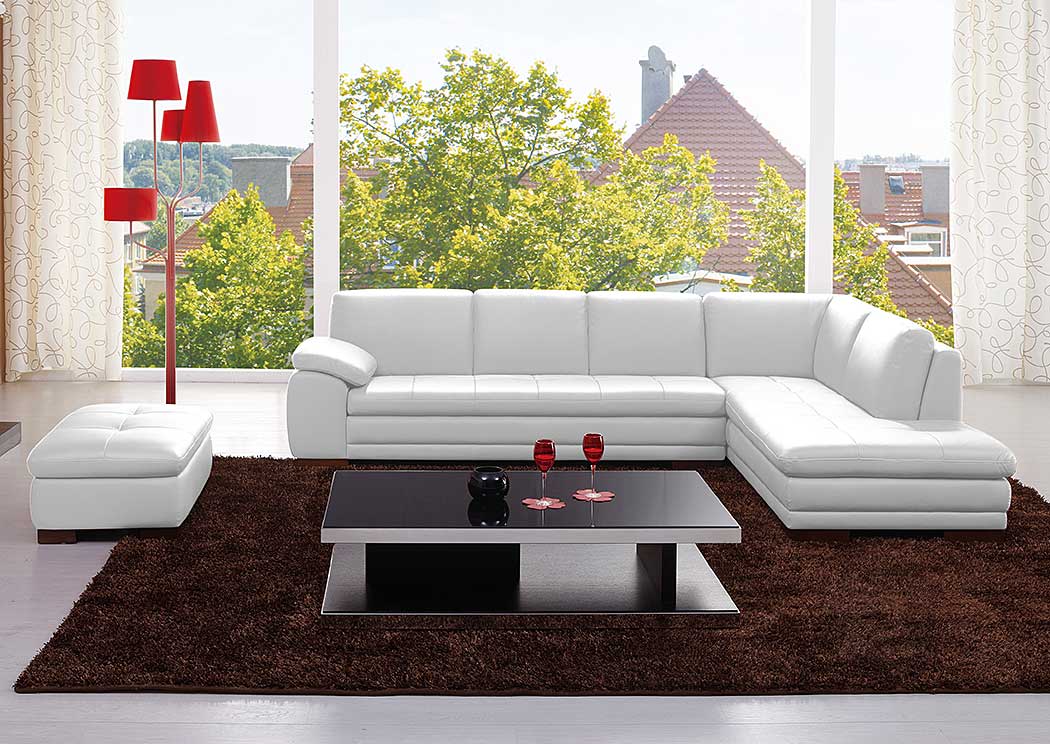 White Italian Leather Right Facing Sectional & Ottoman,J&M Furniture