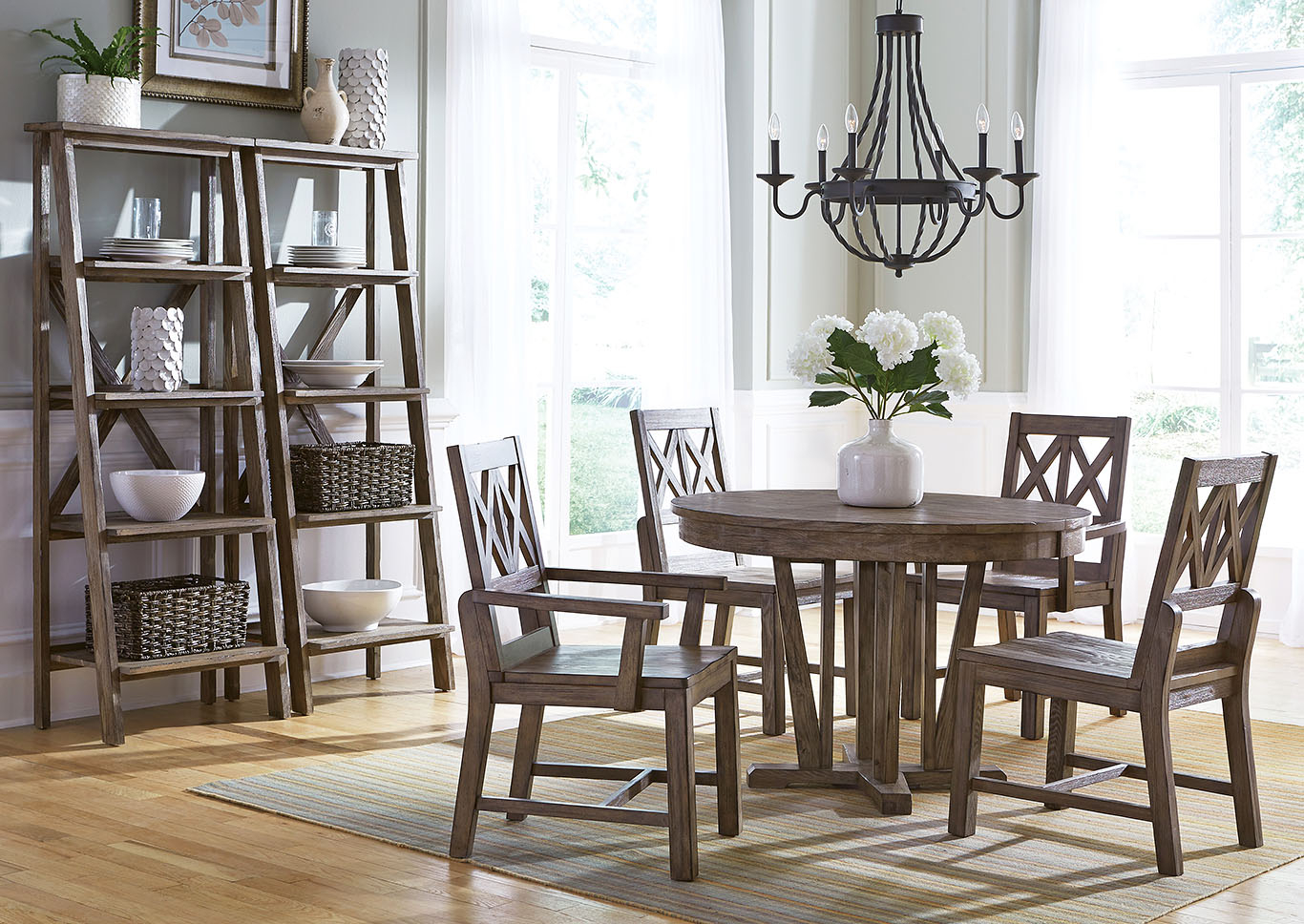 Foundry Driftwood Round Dining Set w/2 Wood Side Chairs & 2 Wood Arm Chairs,Kincaid