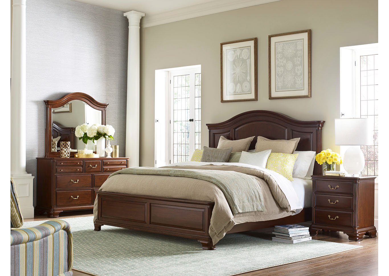 Hadleigh Classic Cherry Arched Queen Panel Bed w/Dresser & Mirror,Kincaid