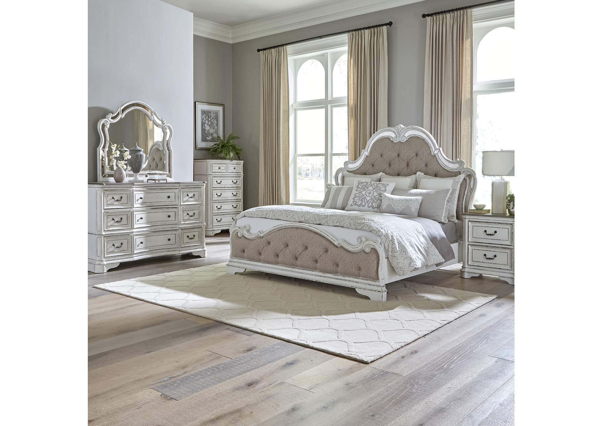 King Opt Uph Bed, Dresser & Mirror, Chest, Night Stand,Liberty