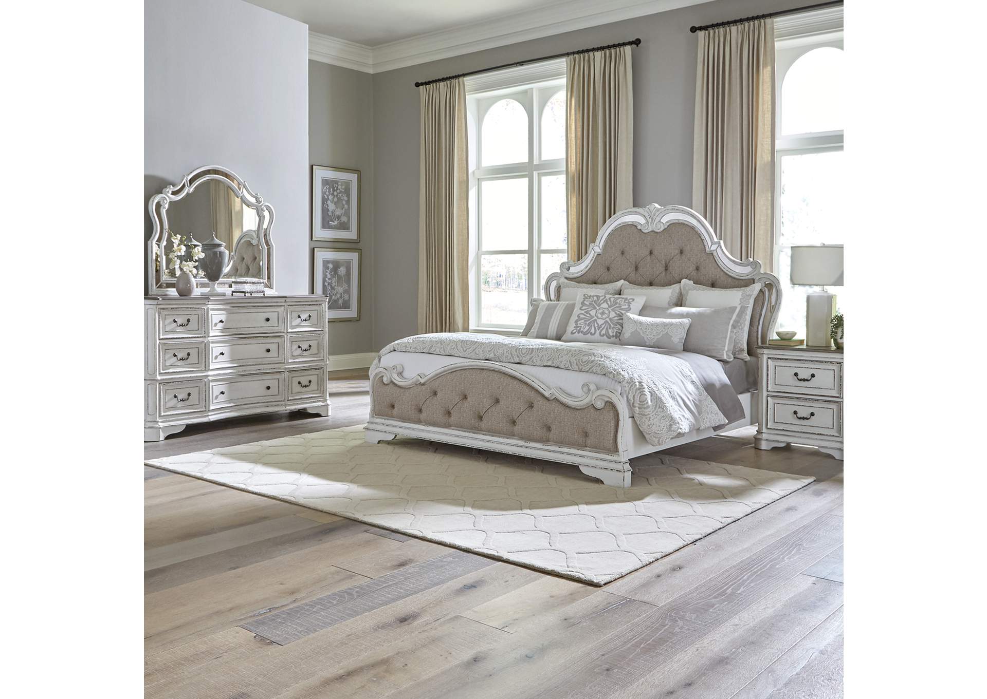 King Opt Uph Bed, Dresser & Mirror, Night Stand,Liberty