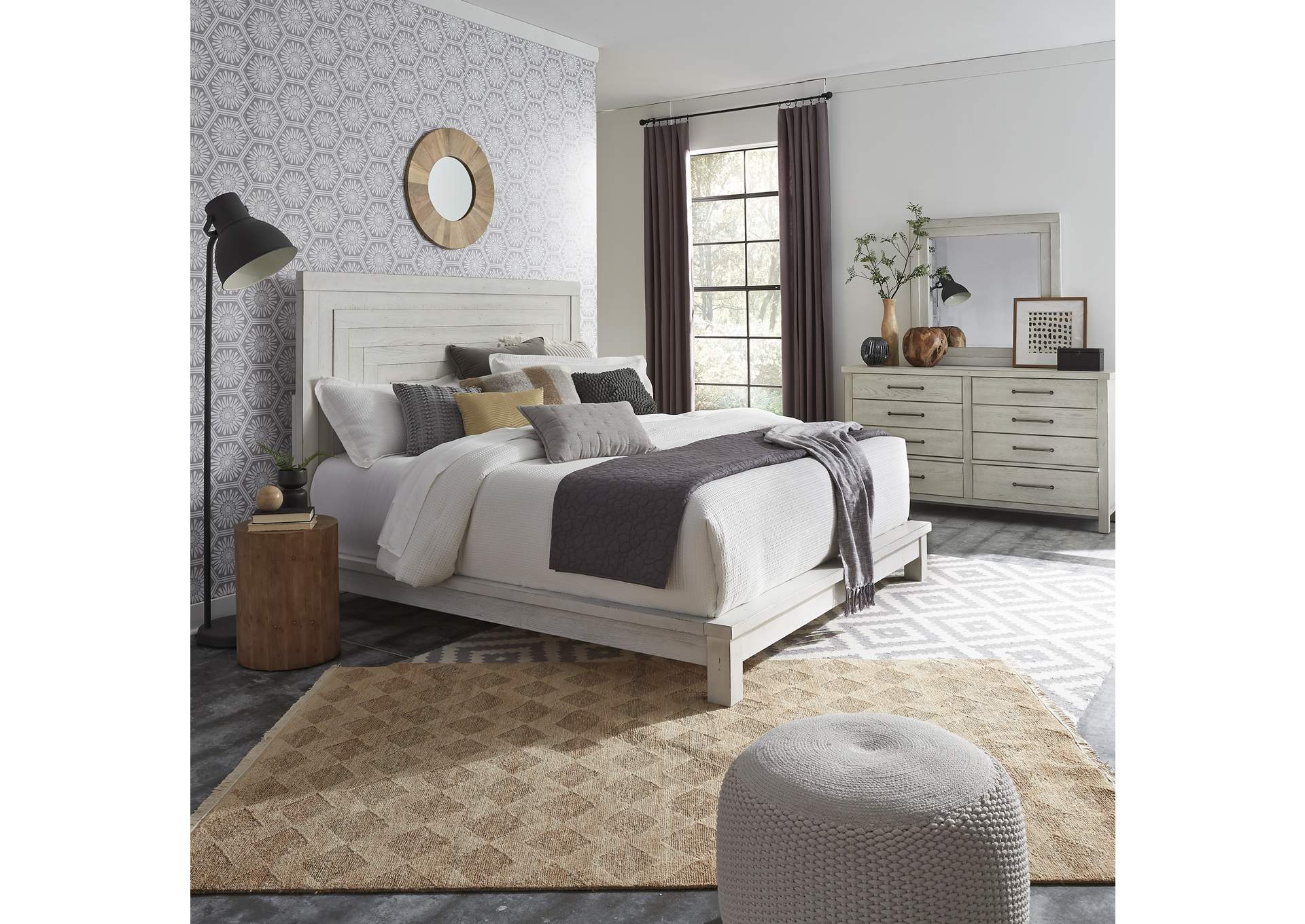 Modern Farmhouse Flea Market White California King Platform Bed, Dresser & Mirror,Liberty