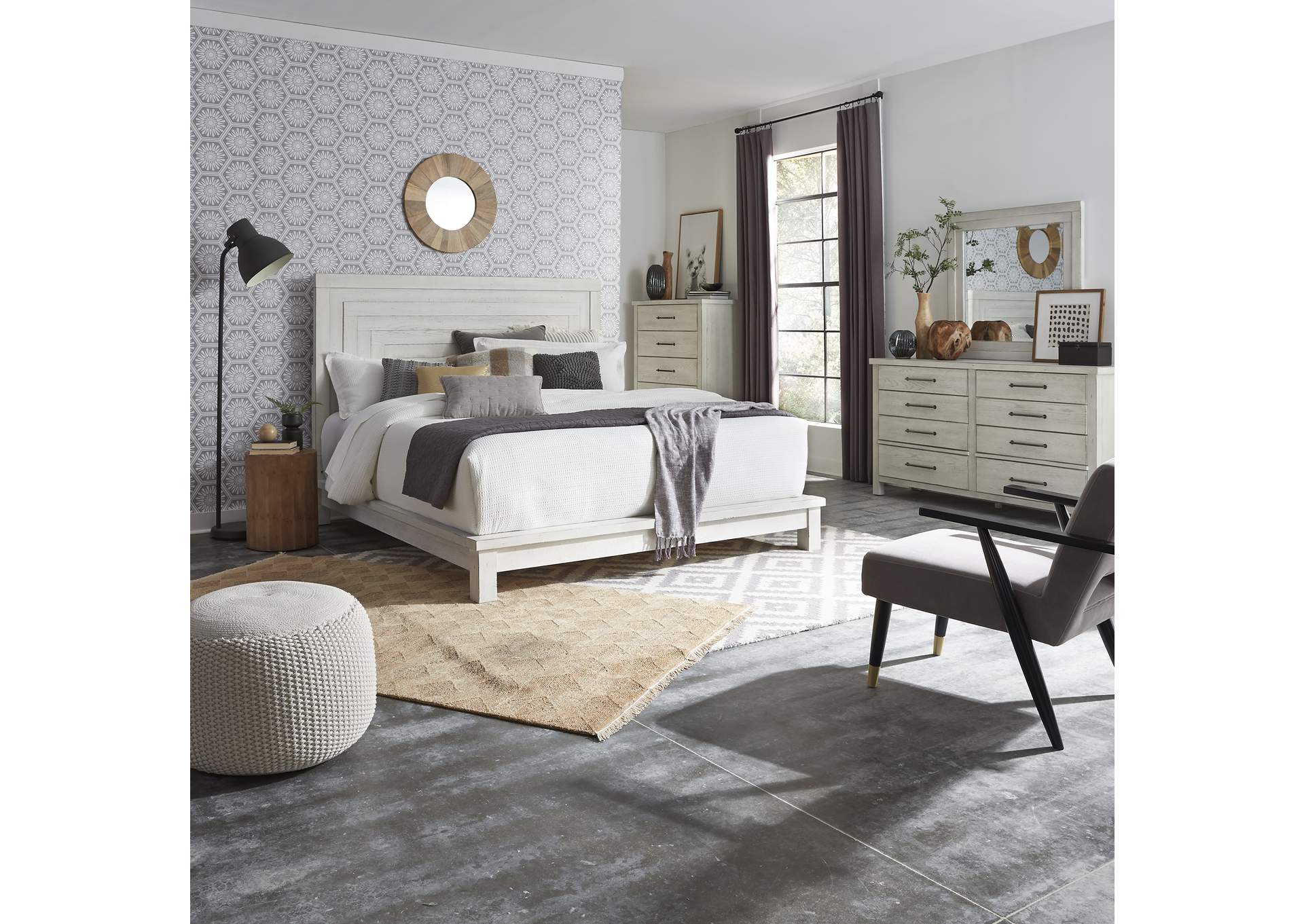 Modern Farmhouse Flea Market White California King Platform Bed, Dresser & Mirror, Chest,Liberty