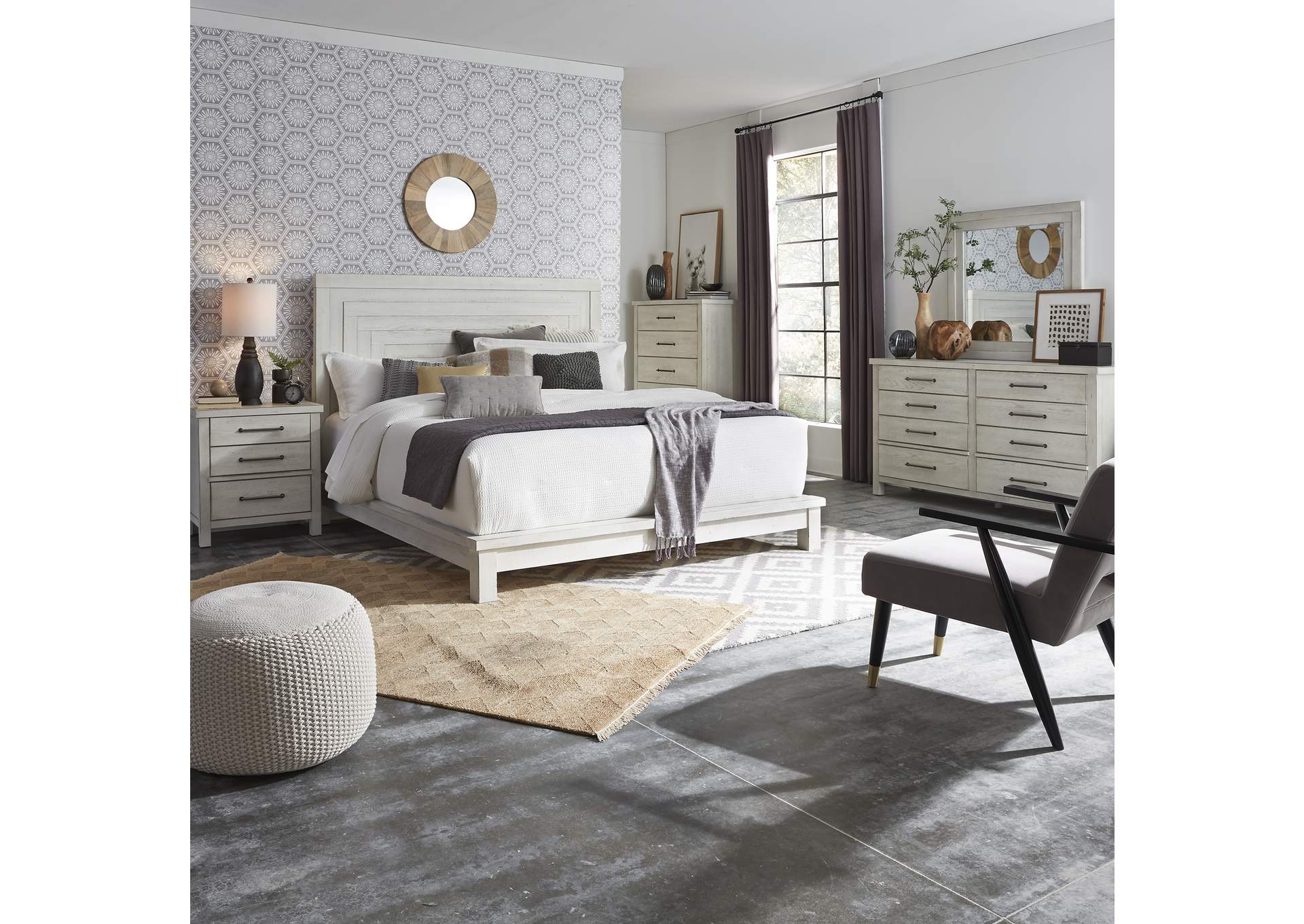 Modern Farmhouse Flea Market White California King Platform Bed, Dresser & Mirror, Chest, Nightstand,Liberty