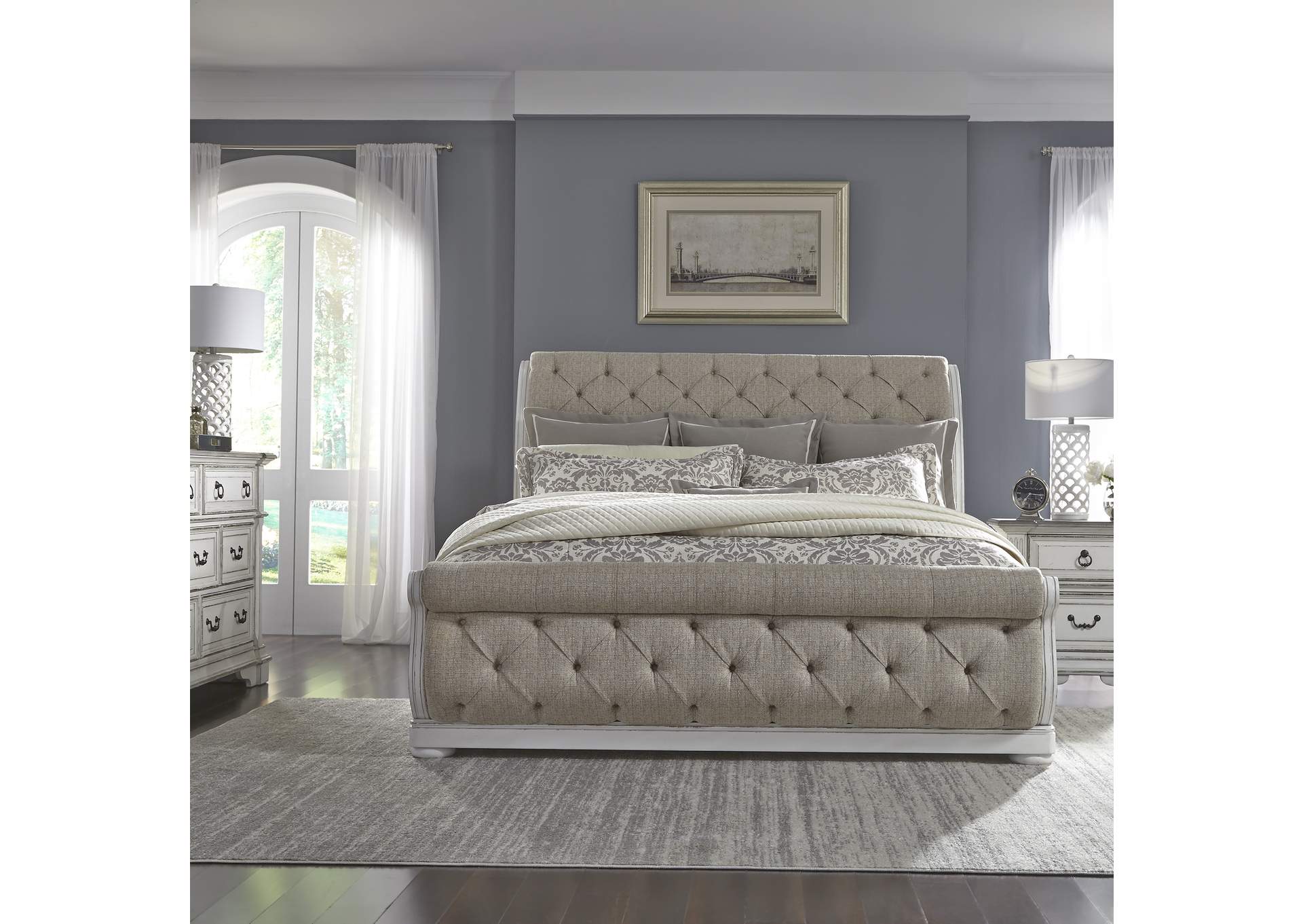 Abbey Park Queen Upholstered Sleigh Bed, Dresser & Mirror, Nightstand,Liberty