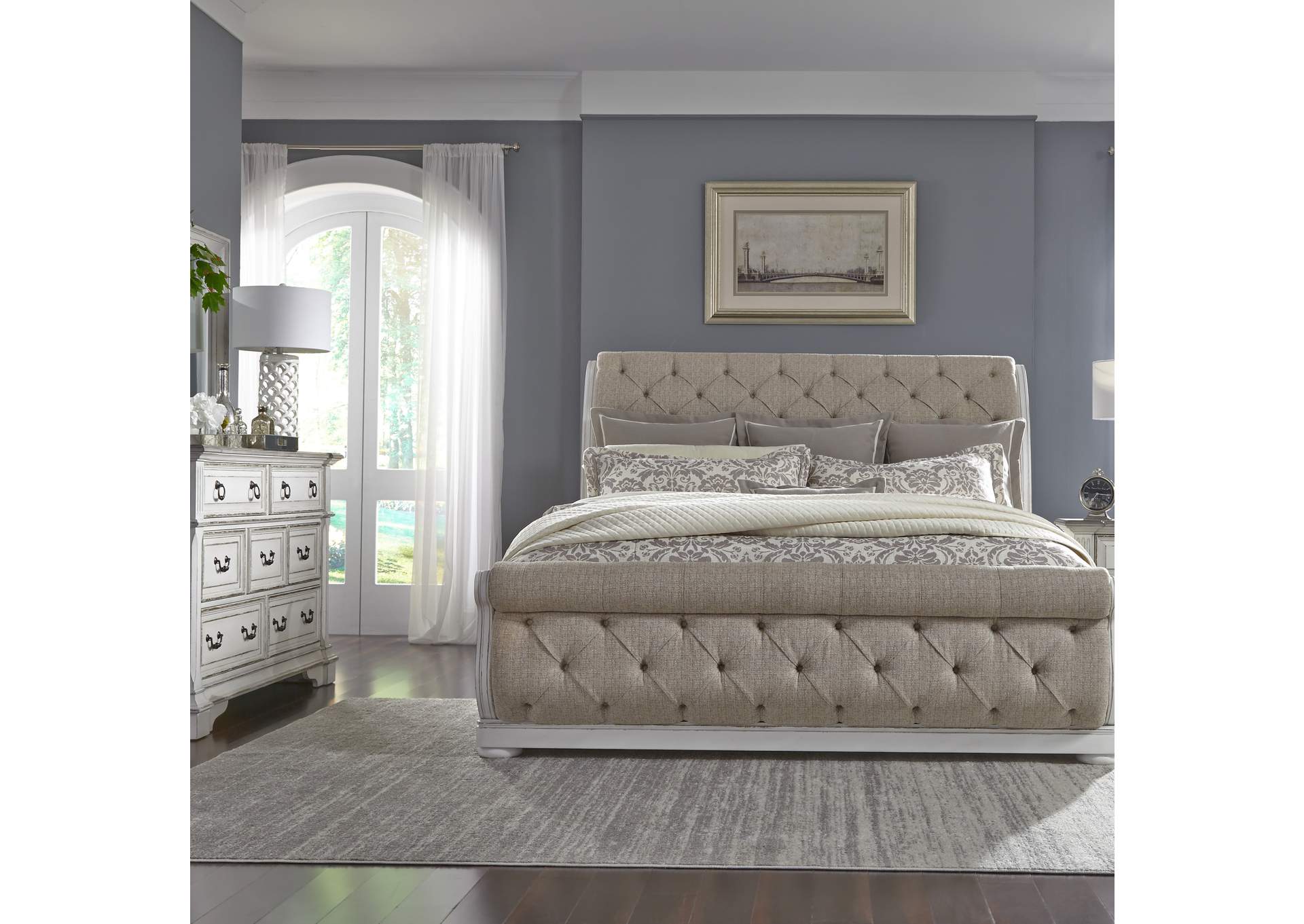 Abbey Park Queen Upholstered Sleigh Bed, Dresser & Mirror,Liberty