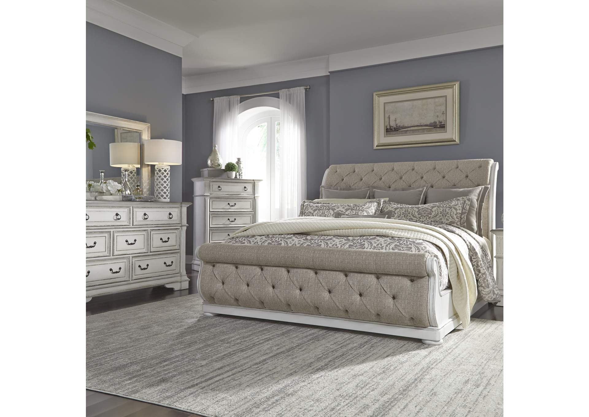Abbey Park Queen Upholstered Sleigh Bed, Dresser & Mirror, Chest,Liberty
