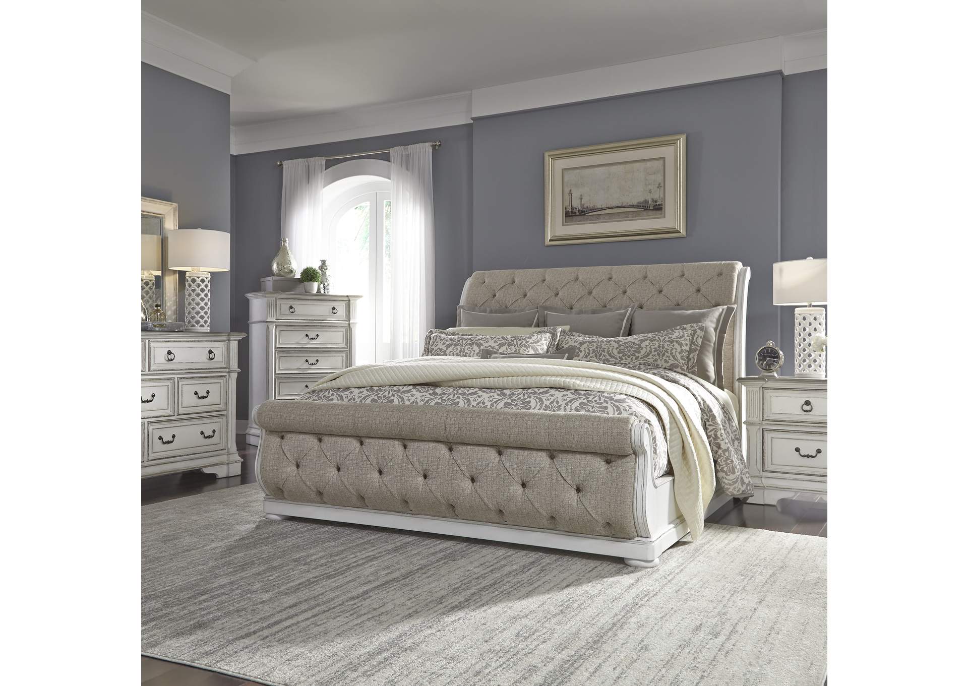 Abbey Park King Upholstered Sleigh Bed, Dresser & Mirror, Chest, Nightstand,Liberty