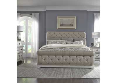 Abbey Park Queen Upholstered Sleigh Bed, Dresser & Mirror, Nightstand