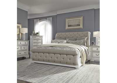 Abbey Park King Upholstered Sleigh Bed, Dresser & Mirror, Chest, Nightstand