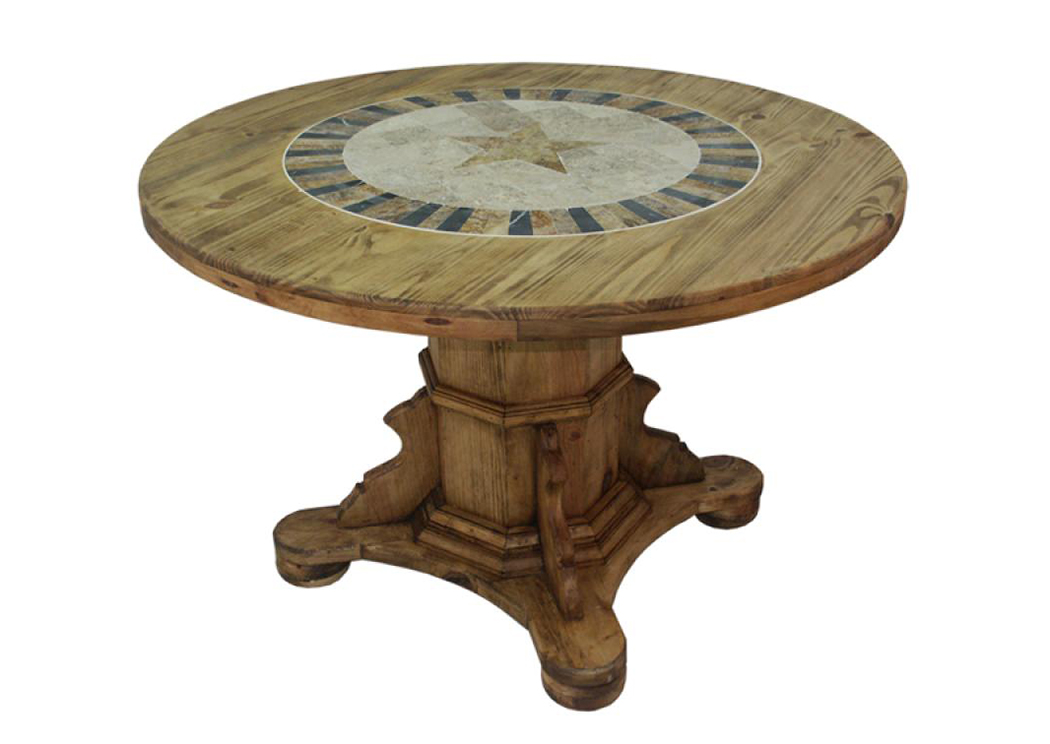 Round 48" Pedestal Dining Table w/Stone & Star,L.M.T. Rustic