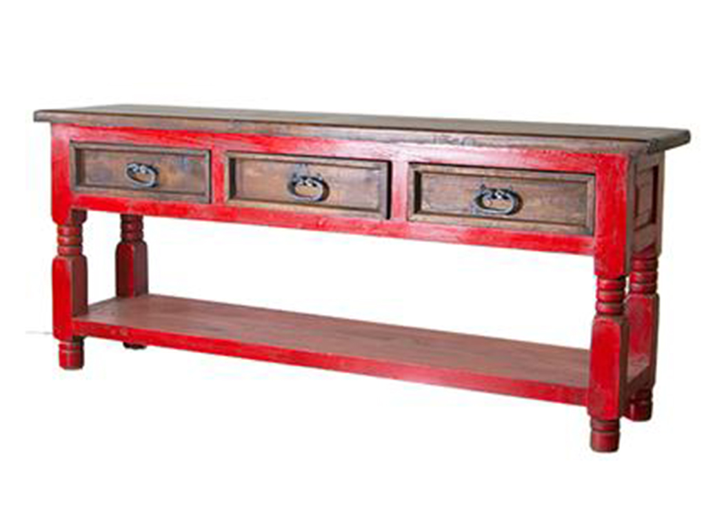 Walnut Bill Red 3 Drawer Console,L.M.T. Rustic