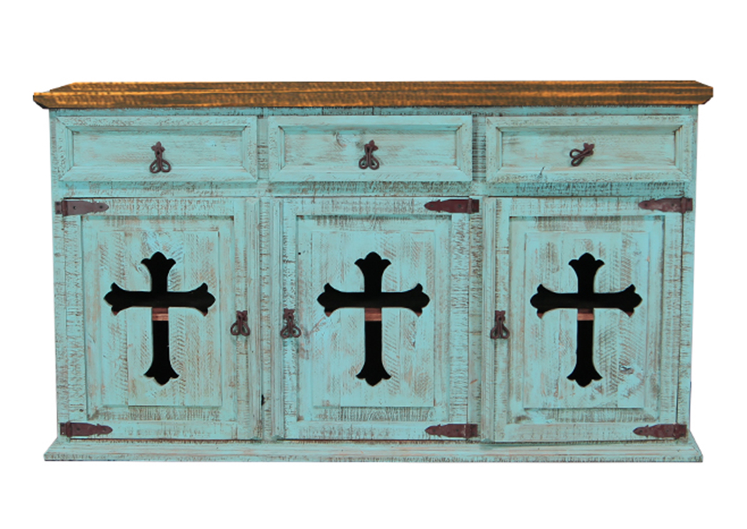 Turquoise 3 Door/Drawer Buffet w/Cross,L.M.T. Rustic