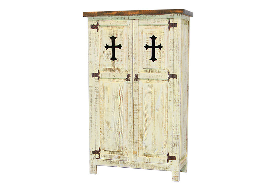 White 2 Door Cabinet w/Cross,L.M.T. Rustic