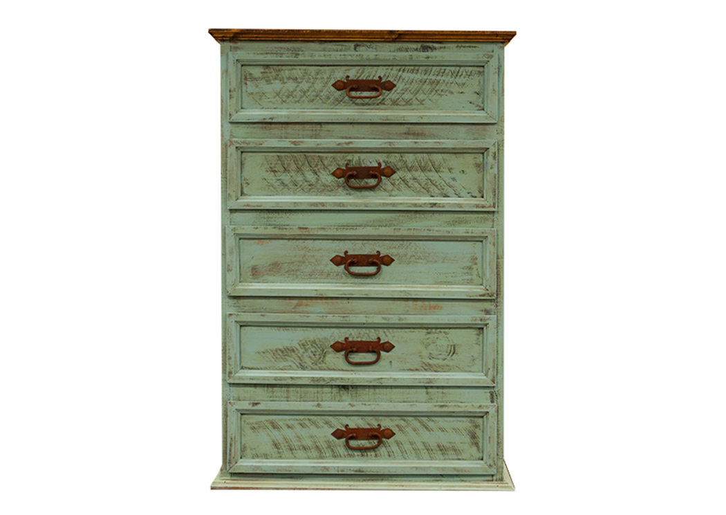 Turquoise Washed 5 Drawer Chest,L.M.T. Rustic