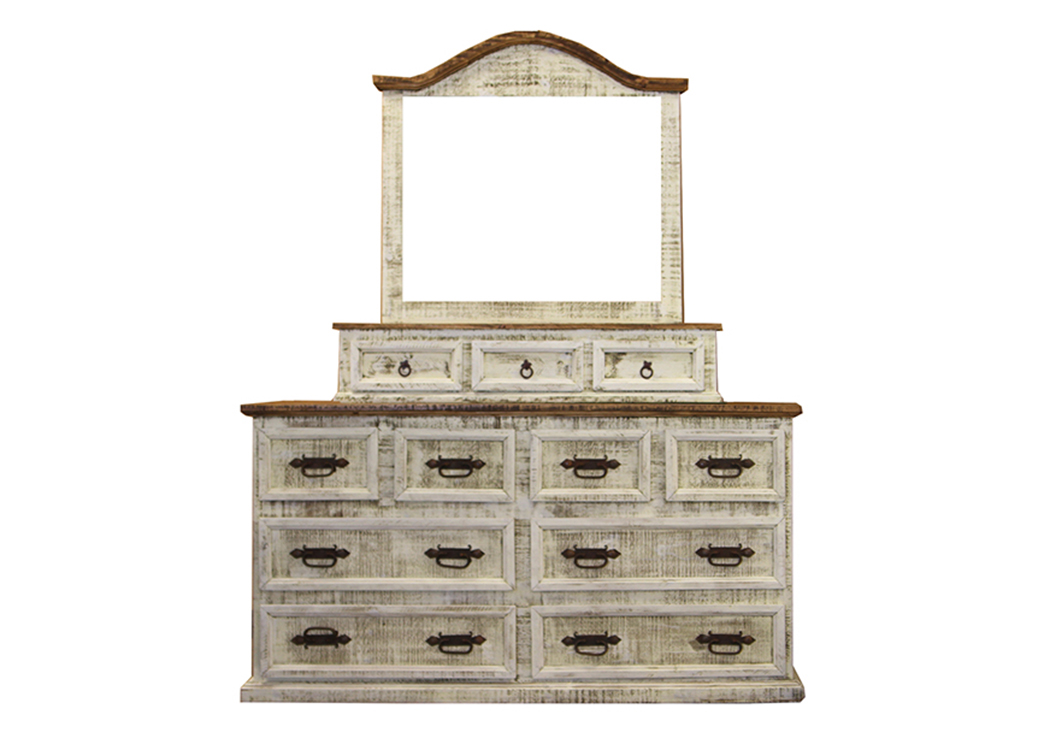 Traditional White 8-Drawer Dresser w/Mirror,L.M.T. Rustic