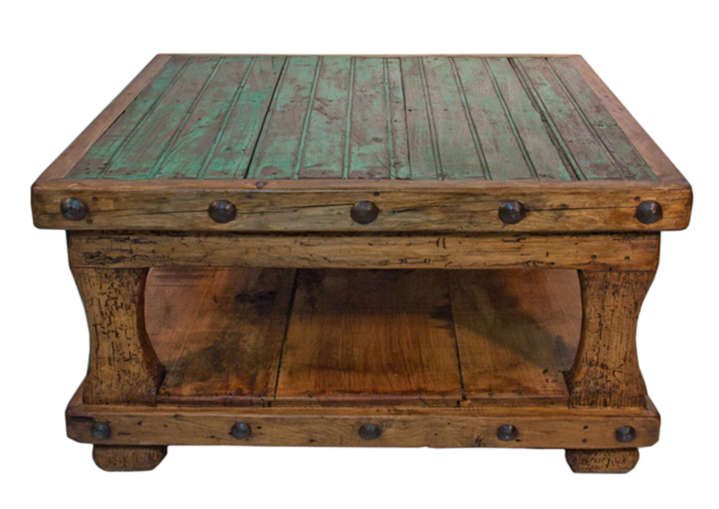 Recycled Square Colored Top Coffee Table w/Shelf,L.M.T. Rustic