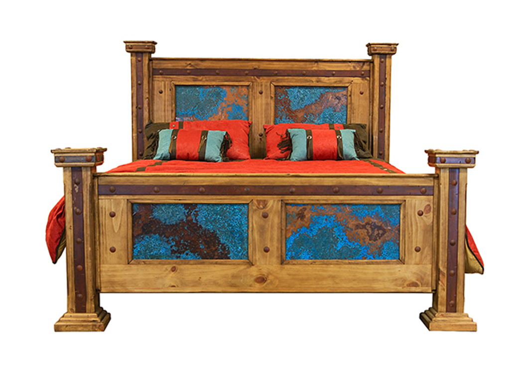 King Bed w/Turquoise Copper Panels,L.M.T. Rustic