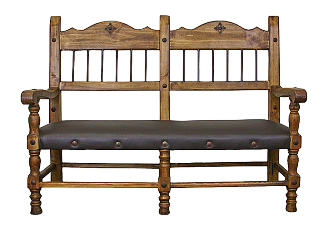 Pine & Leather Bench w/Iron Spindles,L.M.T. Rustic