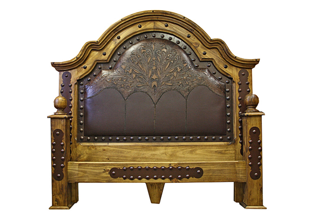 Queen Bed Headboard w/Tooled Leather,L.M.T. Rustic